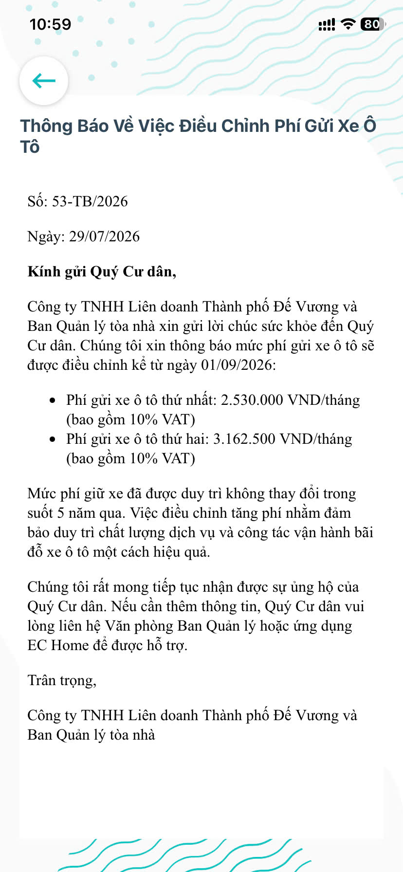 Thông báo điều chỉnh phí gửi xe ô tô Empire City năm 2026