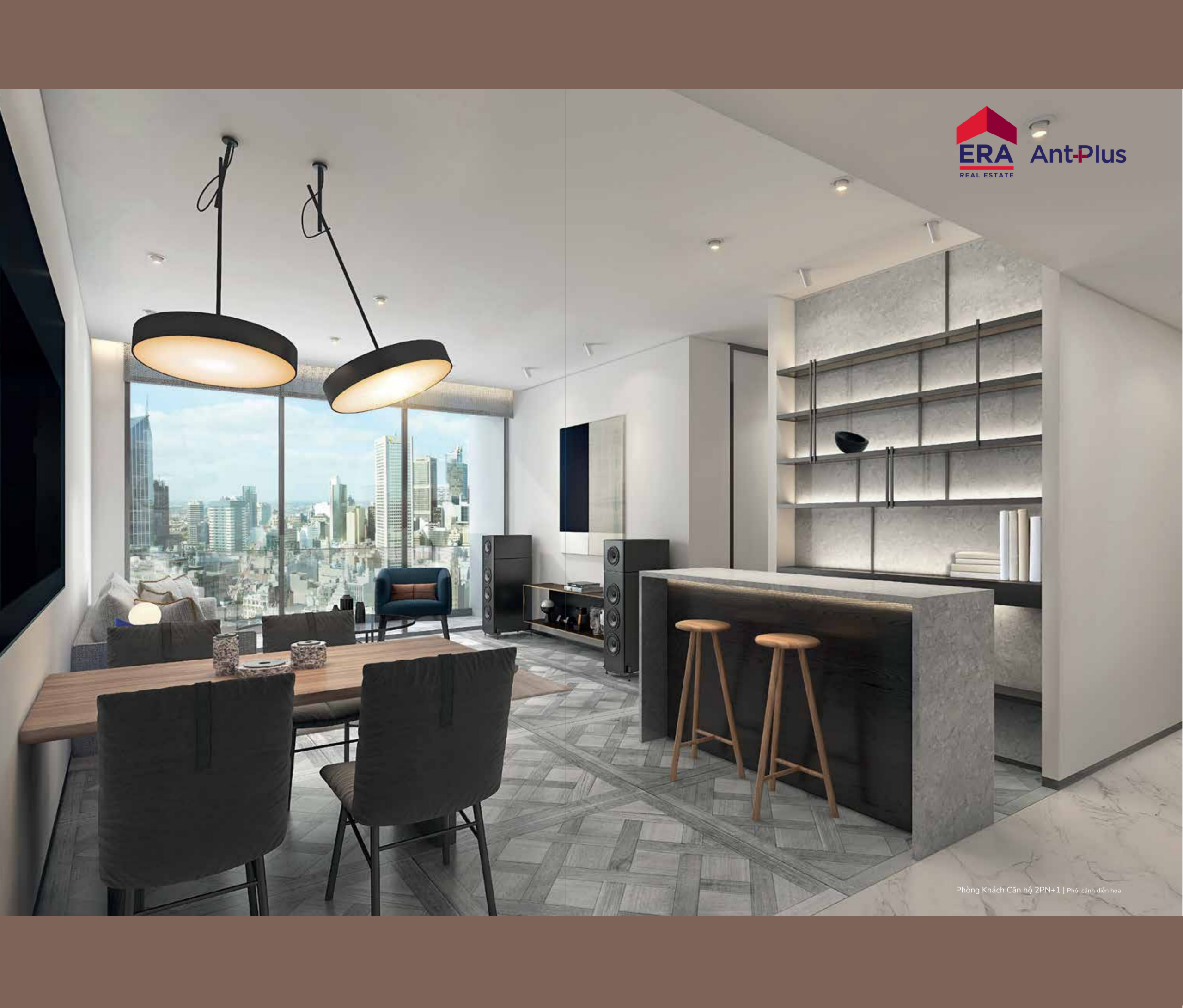 Phối cảnh phòng khách căn 2PN cộng 1 Narra Residences