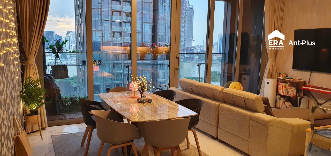 Không gian phòng khách liền bàn ăn tại căn hộ Linden Residences, Empire City - không gian minh họa cho căn hộ cho thuê ngắn hạn khu Thủ Thiêm