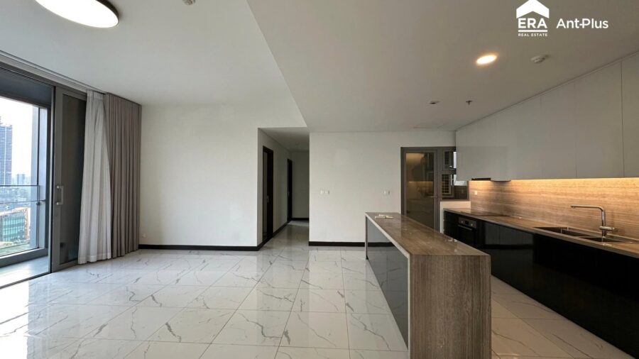 Phòng khách và đảo bếp căn hộ Linden bàn giao cơ bản