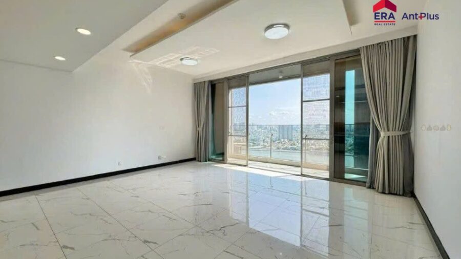 Phòng khách với rèm và cửa kính nhìn ra sông, căn hộ Linden