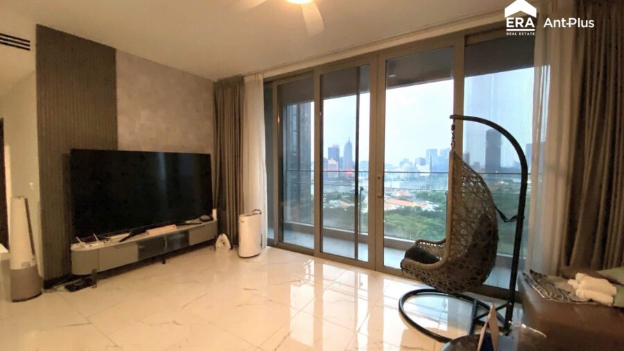 Phòng khách lát đá marble căn hộ Linden Empire City view sông