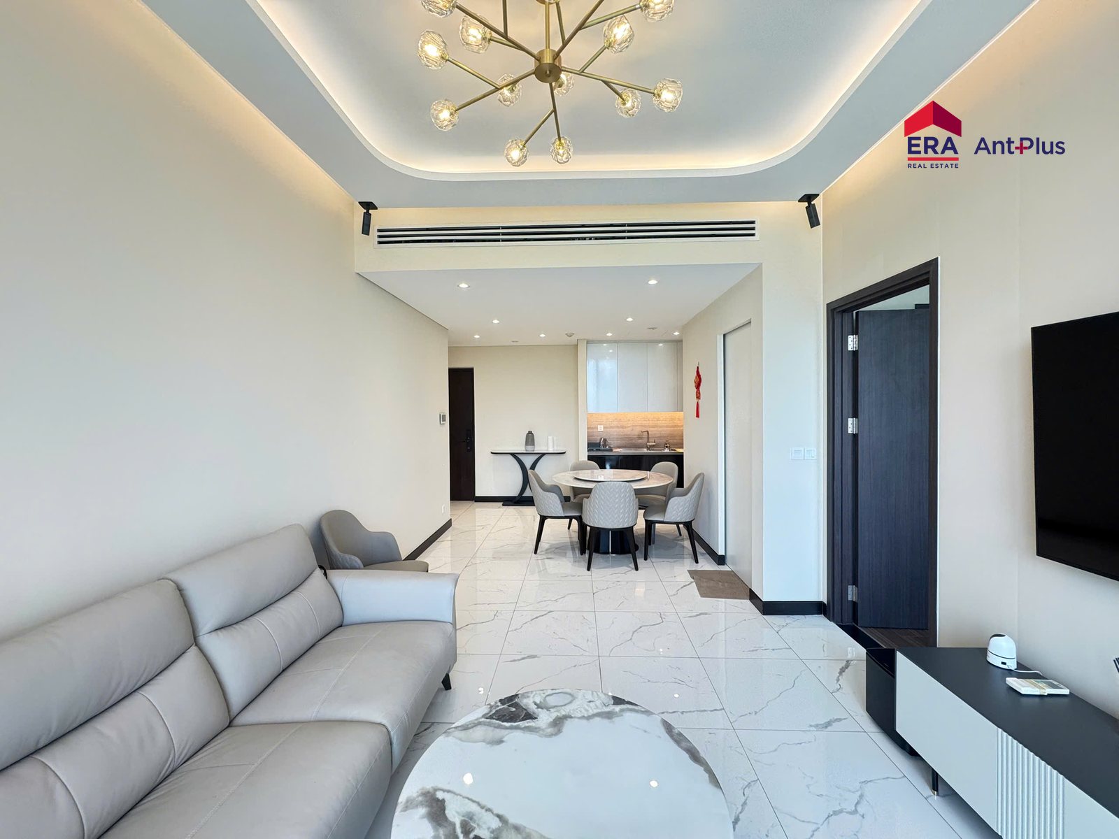 Phòng khách căn hộ cho thuê 1PN Linden với sofa xám và đèn trần