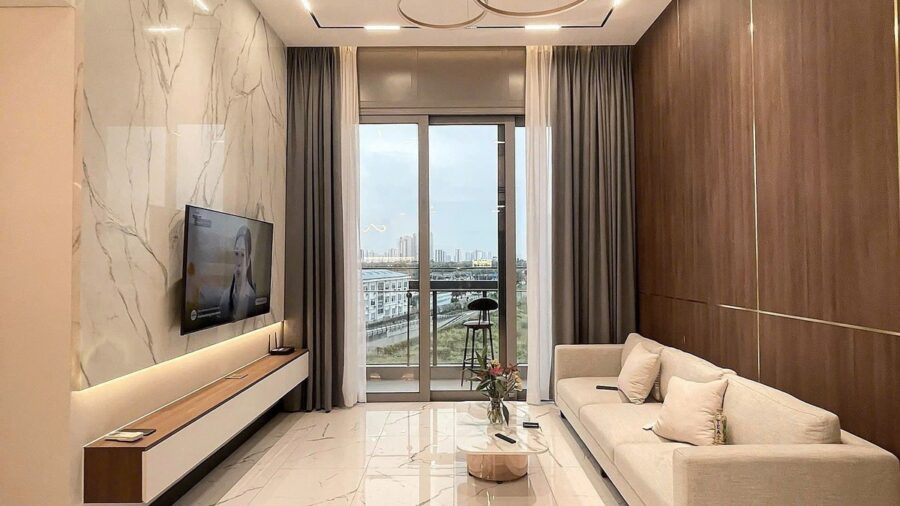 Phòng khách nhìn thẳng ra ban công căn hộ Linden T2A-04-03