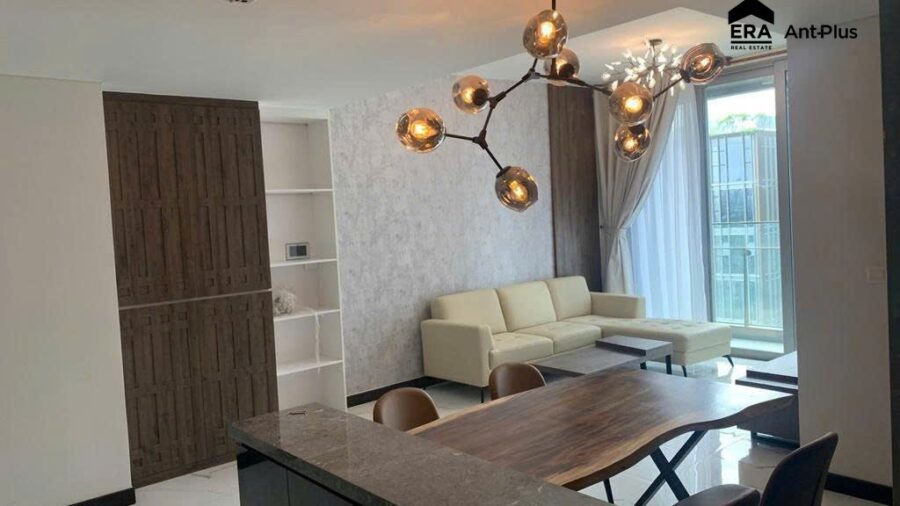Phòng khách nhìn từ quầy bếp căn hộ 2PN Tilia