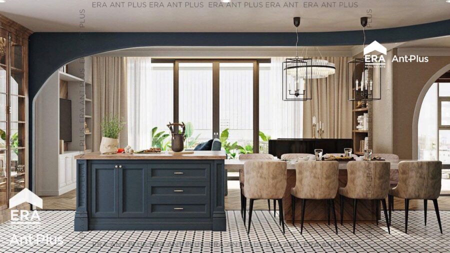 Cho thuê căn hộ 3PN Linden 150m2: bếp đảo xanh navy và bàn ăn dài