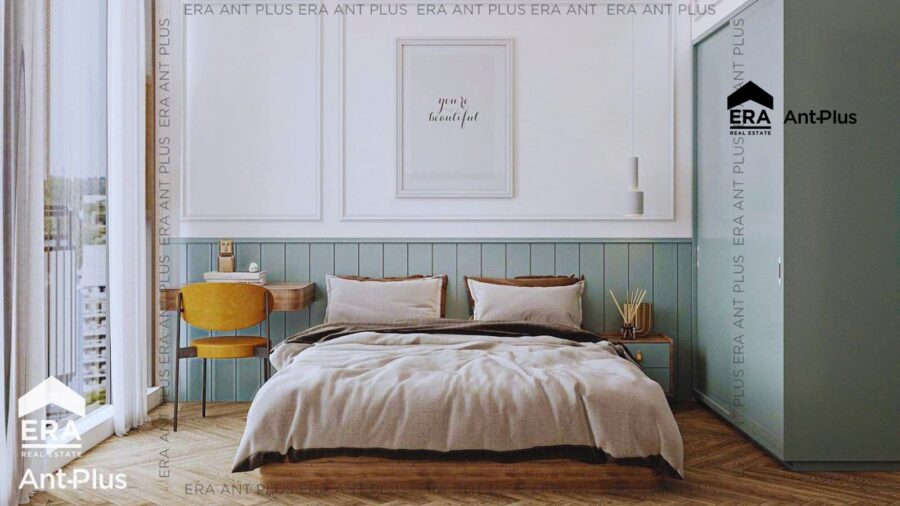 Phòng ngủ tường ốp lam xanh mint căn hộ 3PN Linden