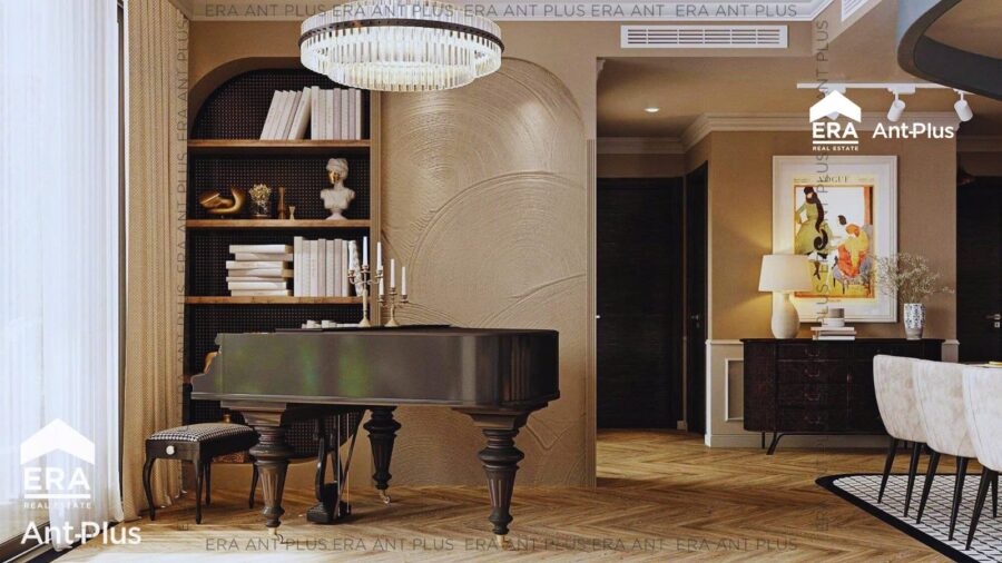 Góc đàn piano cơ và tủ sách âm tường căn hộ Linden