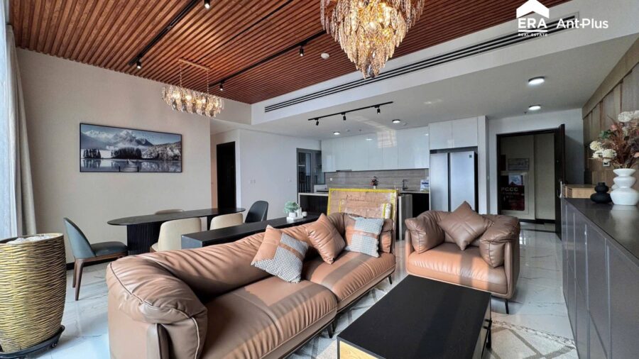 Cho thuê căn hộ Linden view Bitexco: phòng khách và bàn ăn full nội thất