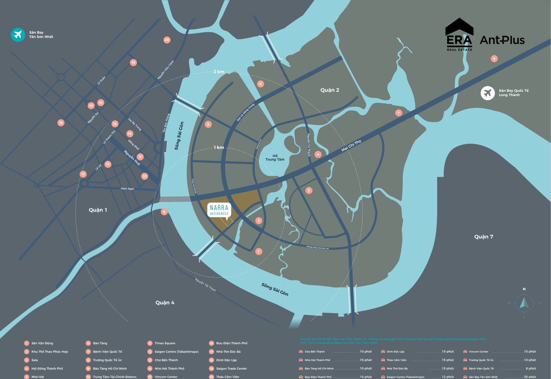 Bản đồ vị trí Narra Residences tại Empire City Thủ Thiêm và thời gian di chuyển đến các điểm đến chính tại Quận 1, Quận 2, Quận 4, Quận 7