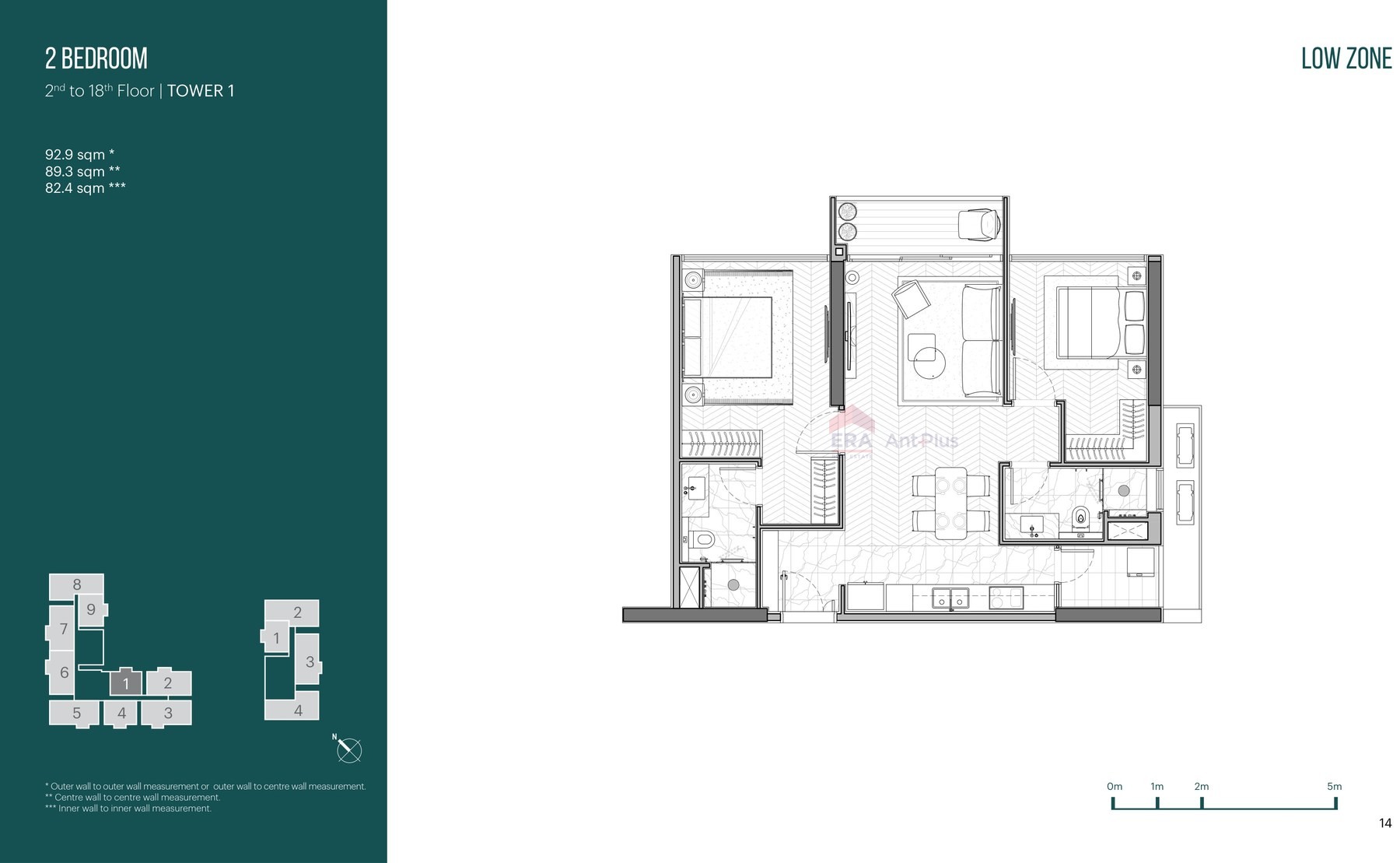 Mặt bằng căn hộ 2 phòng ngủ 93m2 Narra Residences, tầng 2 đến 18 Tower 1