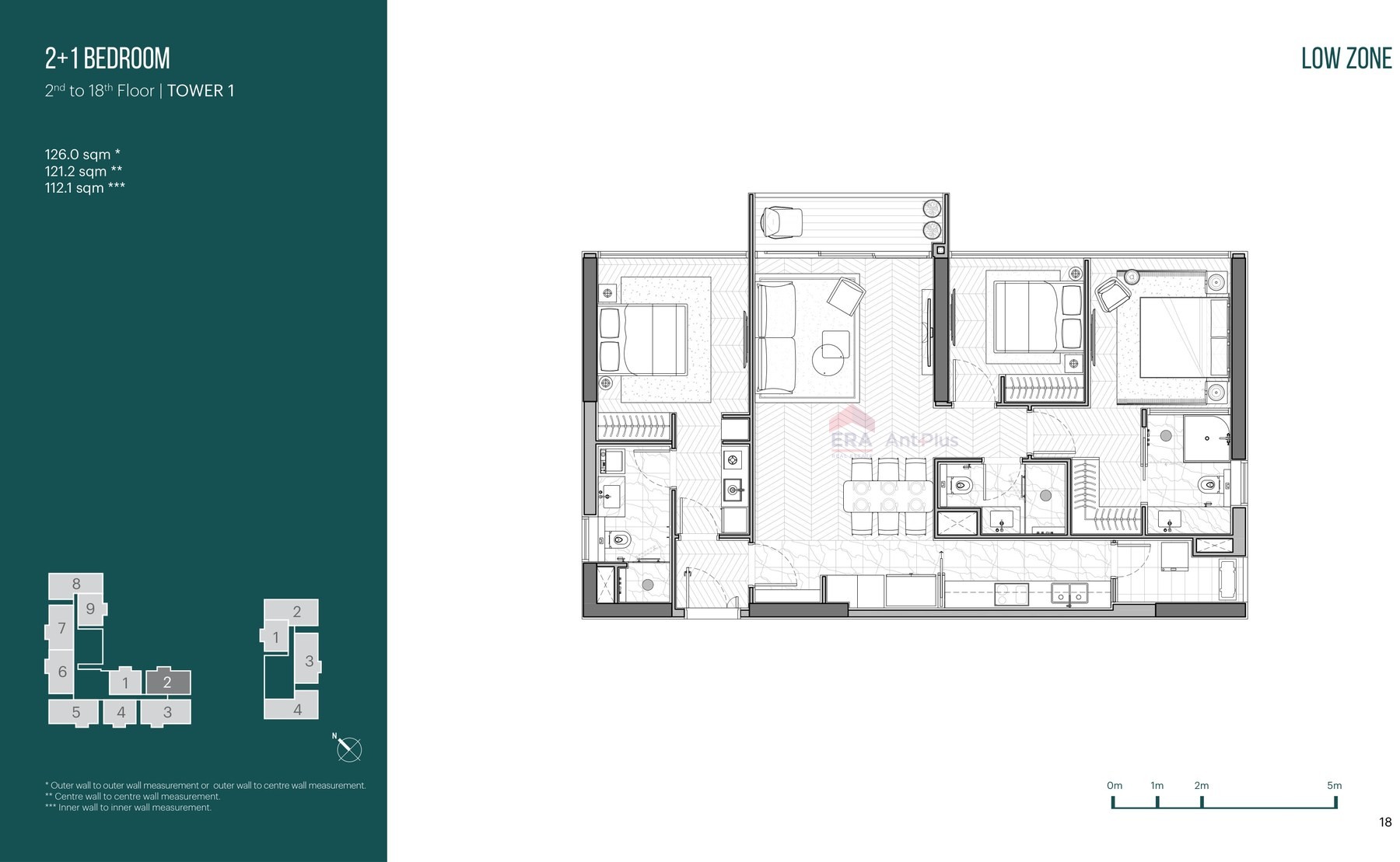 Mặt bằng căn hộ 2 phòng ngủ + 1 phòng linh hoạt 126m2 Narra Residences, tầng 2 đến 18 Tower 1