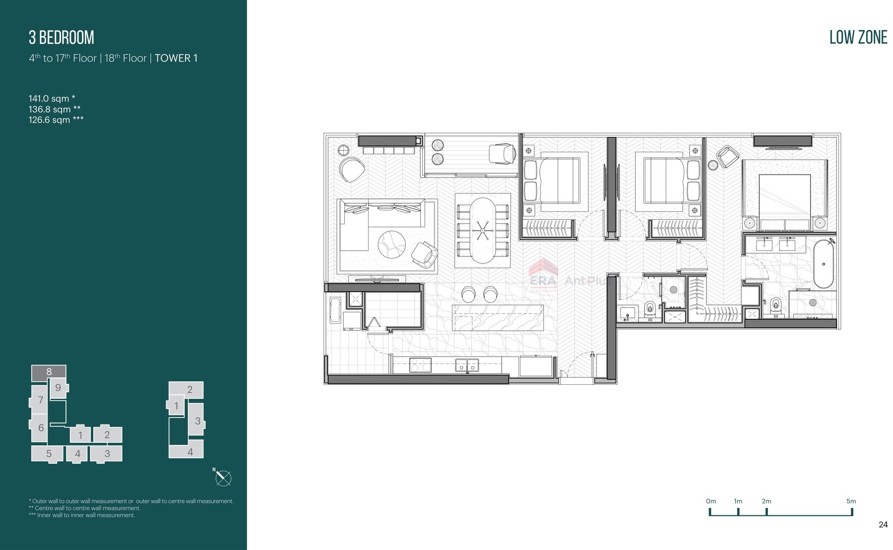Mặt bằng căn hộ 3 phòng ngủ 141m2 Narra Residences, tầng 4 đến 18 Tower 1