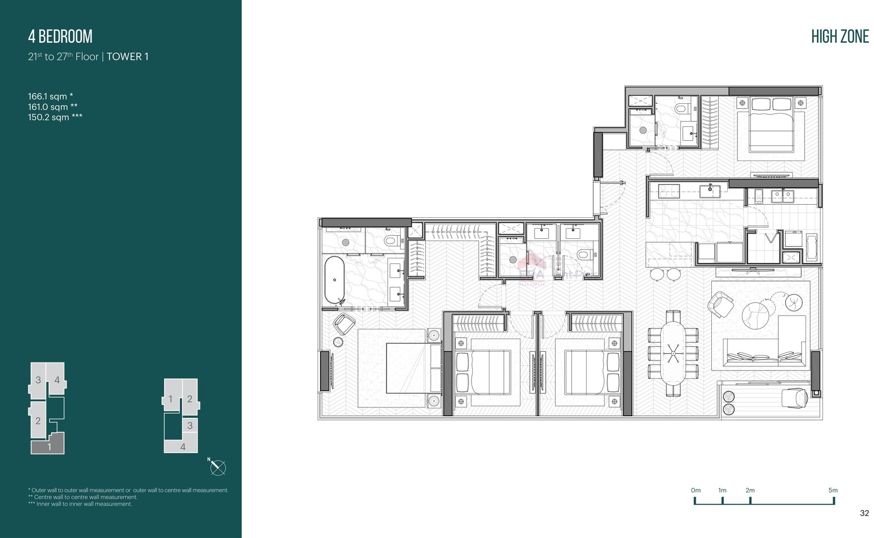 Mặt bằng căn hộ 4 phòng ngủ 166m2 Narra Residences, tầng 21 đến 27 Tower 1