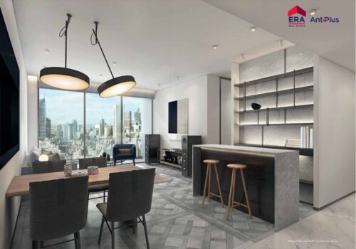 Không gian phòng khách thông tầng phong cách căn hộ duplex tại Narra Residences, Empire City