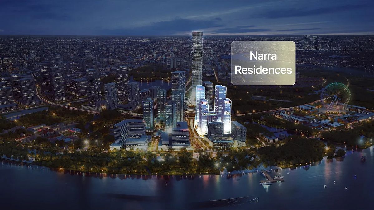 Vị trí thực tế hai tòa Narra Residences (N1, N2) trong quần thể Empire City nhìn từ trên cao về đêm